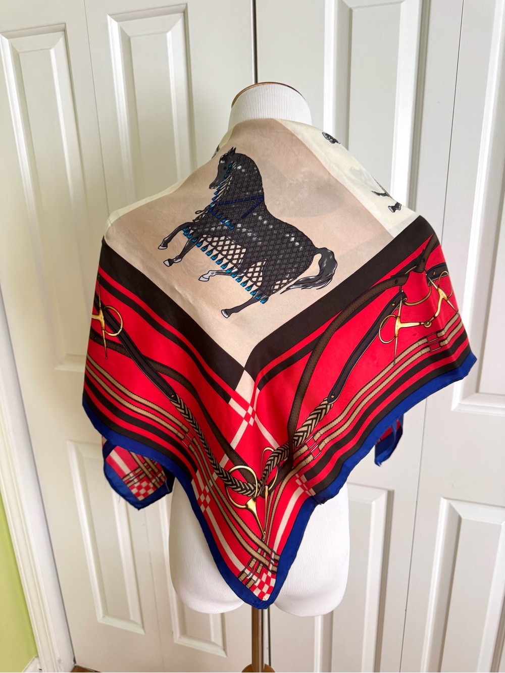 Equestrian-Print Red Silk Square Scarf with Navy & Cream Accents